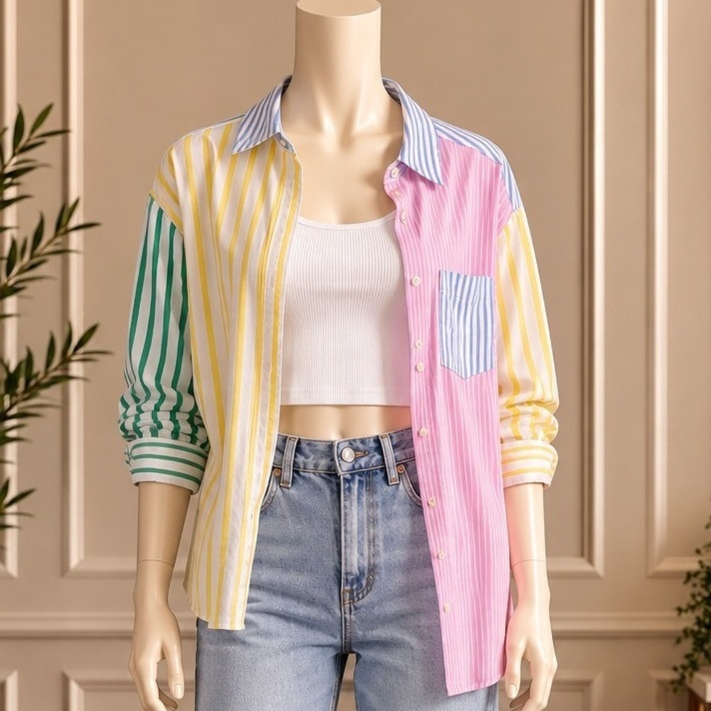Gap Womens The Big Shirt Colorblock Striped Button Down Multi Medium